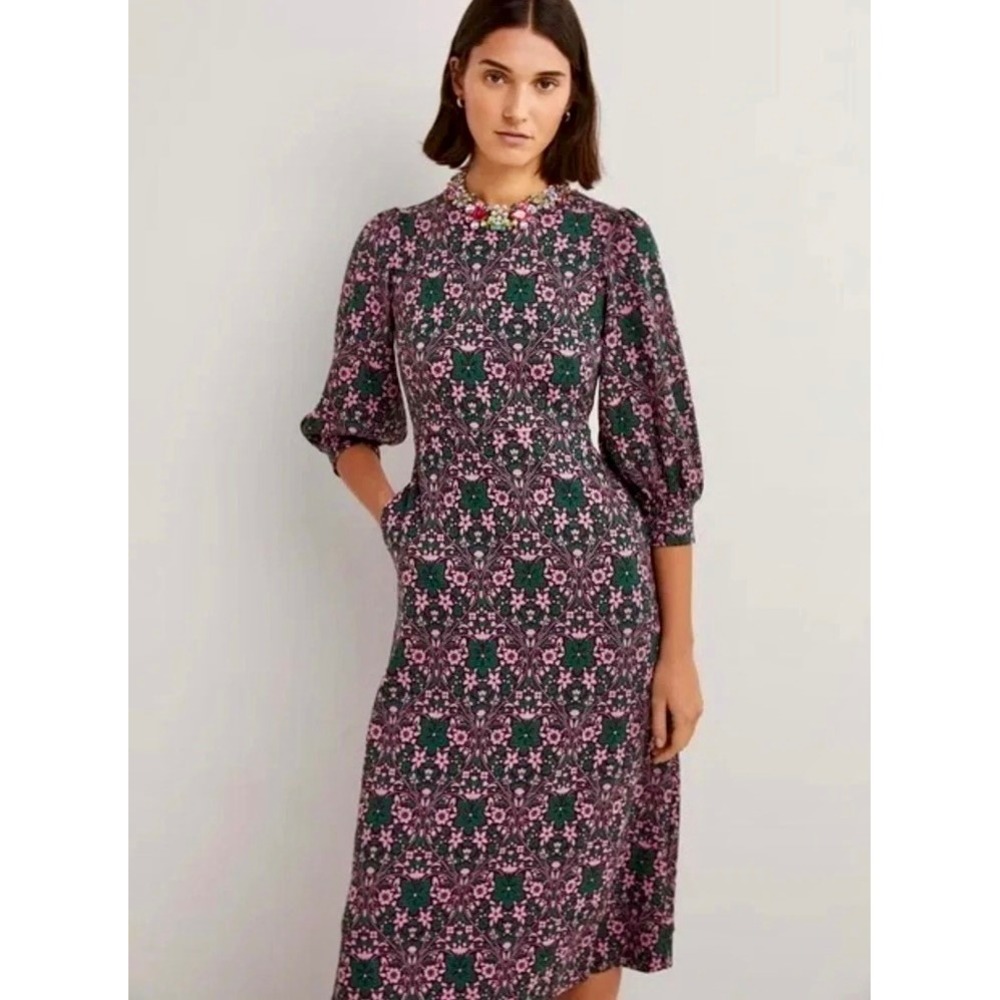 BODEN Blouson Sleeve Jacquard Midi Dress Heart Bloom Floral Green Pink US Size 2